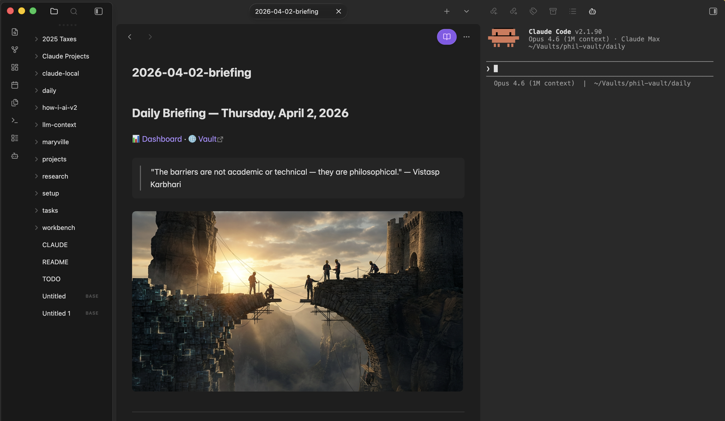 The daily briefing in Obsidian with Claude Code in the sidebar